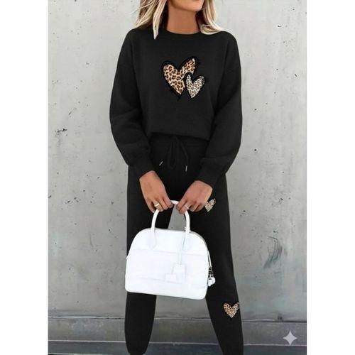 Kadın Uzun Kollu Bisiklet Yaka Kalp Desenli şardonlu üç Iplik Bluz Ve Pantolon Ikili Takım