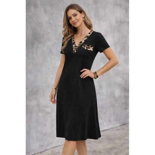 Kadın Kısa Kollu V Yakalı Süs Cep Detaylı Midi Viskon Elbise