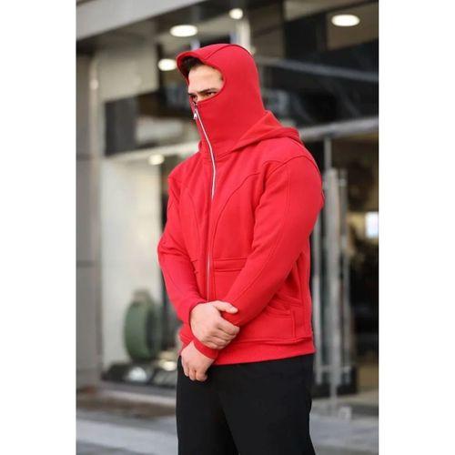 Erkek Maskeli Ninja Model Çift Kapüşonlu 3 İplik Şardonlu Fermuarlı Sweatshirt - Kırmızı