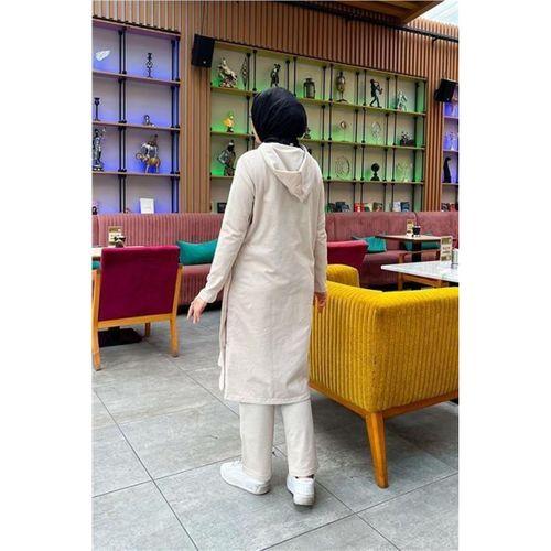 Kapşonlu Yandat Çıtçıtlı Sade Basic Uzun Tunik ve Pantolon İkili Spor Takım - 03071.027 - Ekru