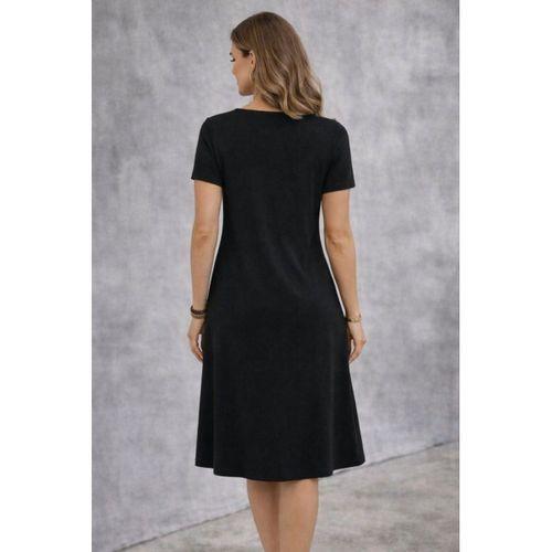 Kadın Kısa Kollu V Yakalı Süs Cep Detaylı Midi Viskon Elbise