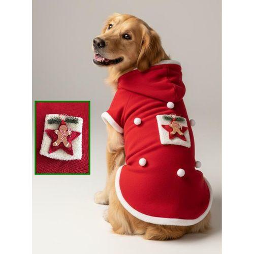 Red Star Kırmızı Yılbaşı Köpek Kıyafeti | Noel Baba Kapüşonlu Polar Sweatshirt | Orta ve Büyük Irklar İçin