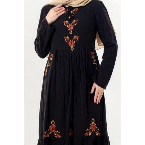 Uzun Kol Zühre Nakış Detaylı Bağcık Yaka Cepli Vual Uzun Elbise Siyah Syh