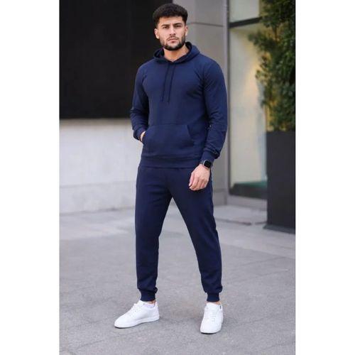 Erkek İki İplik Kapüşonlu Kanguru Cepli Sweatshirt Jogger Pantolon Alt Üst Eşofman Takımı - Lacivert