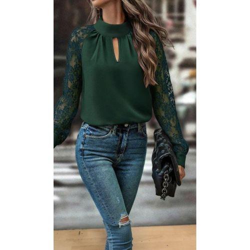 Kadın Uzun Kollu Göğüs Pencere Detay Yaka Boğazlı Kolları Tüllü Sandy Bluz