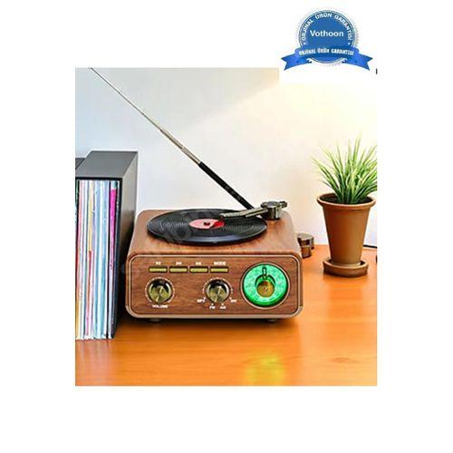 Nostaljik Tasarım Plak Çalar Görünümlü Radyolu Bluetooth Hoparlör Retro Müzik Plak Açık Kahverengi