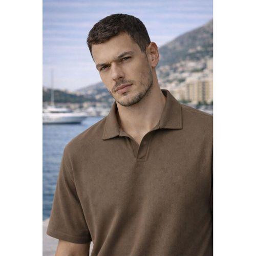 Leodes Waffle Kumaş Polo Yaka Relaxed Fit Düğmesiz Erkek T-Shirt - Kapari