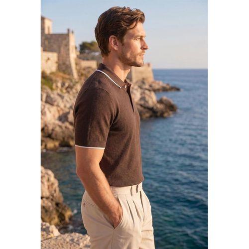 Balzac Yakası Şeritli Düğmeli Polo Yaka Basic Günlük Petek Örgü Triko Erkek T-Shirt - Kahve