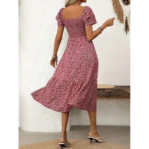 Kadın Kısa Kollu Gipe Detaylı Desenli Midi Süprem Elbise