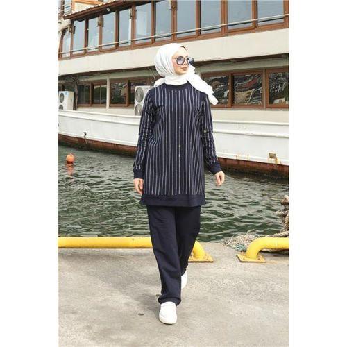 Çizgili Taş Desenli O Yaka İkili Tesettür Eşofman Takımı - 71187.015 - Lacivert