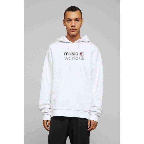 Music On World Off Baskılı Beyaz Erkek Kapşonlu Sweatshirt