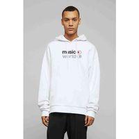 Music On World Off Baskılı Beyaz Erkek Kapşonlu Sweatshirt