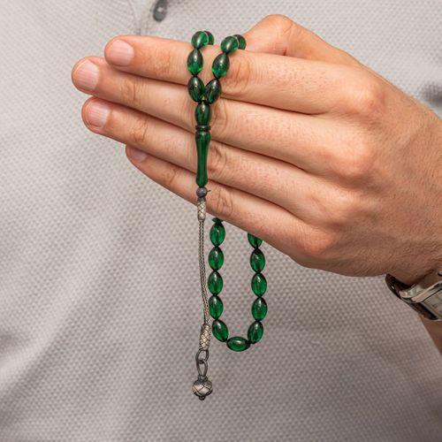 Gümüş Yeşil Kazaz Püsküllü Sıkma Kehribar Tesbih