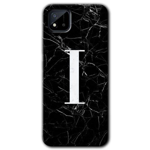 Realme C11 Kılıf Baskılı Arka Kapak - Siyah Mermer Desenli I Harfi +Tam Ekran Koruyucu