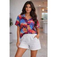 Renkli Tropikal Palmiye Desenli Kısa Kol Gömlek Şort Takım Yazlık Rahat Kalıp - Desenli