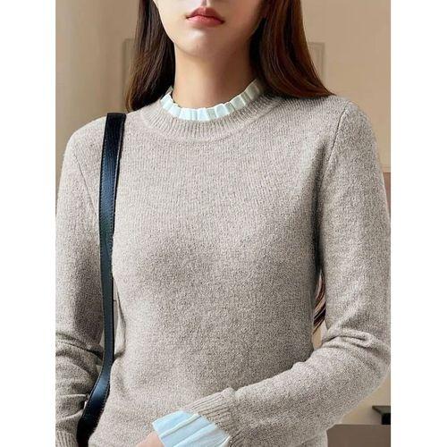 Kadın Uzun Kollu Fırfırlı Yakalı Triko Krem Bluz