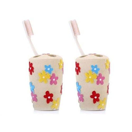 2 Adet Diş Fırçalık Renkli Papatyalı Poliresin 5X5X11Cm Banyo Seti