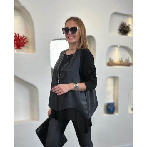 Kadın Uzun Kollu Asimetrik Kesim Viskon Bluz Ve çatlak Deri Görünümlü Yelek Ikili Takım