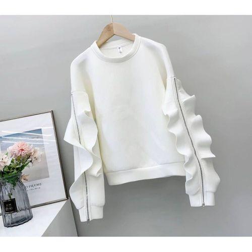 Kadın Bisiklet Yaka Kolları Volan Detay üç Iplik Kumaş Sweat