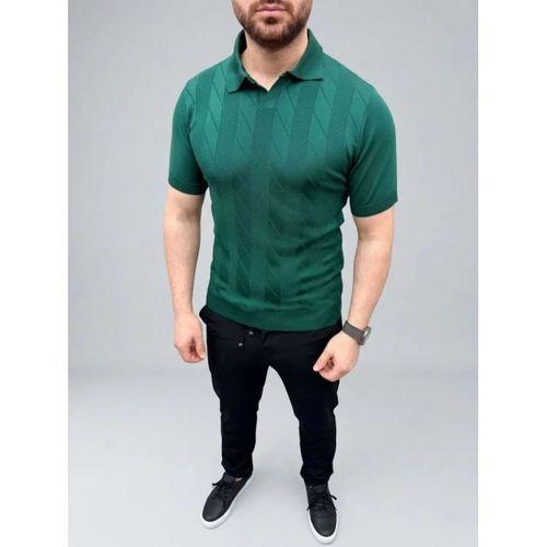 Erkek Yazlık Triko Dokuma Tişört Kısa Kol Polo Yaka T-Shirt - Koyu Yeşil