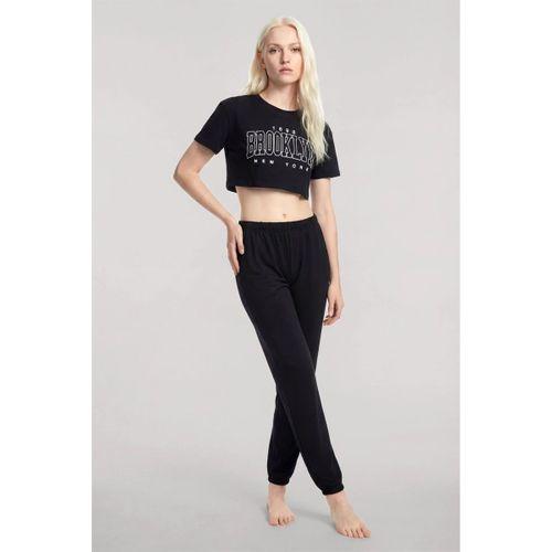 Kadın Siyah Crop T-shirt Pantolon Takım Rahat Günlük Spor Şık İkili Set