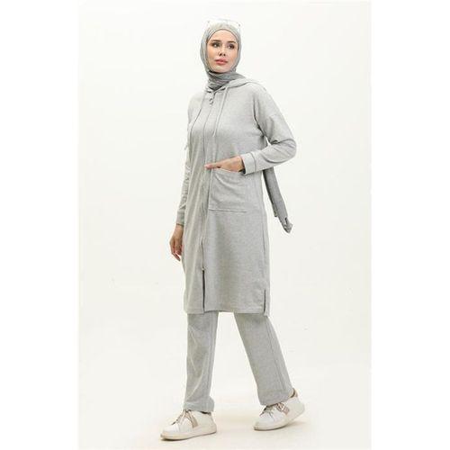 Kapşonlu Fermuarlı Yırtmaçlı Uzun Sweat Pantolon Spor İkili Takım - 03055.008 - Gri