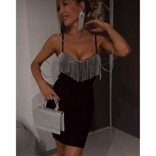 Kadın Omuz Askılı Taş Detay Mini Elbise