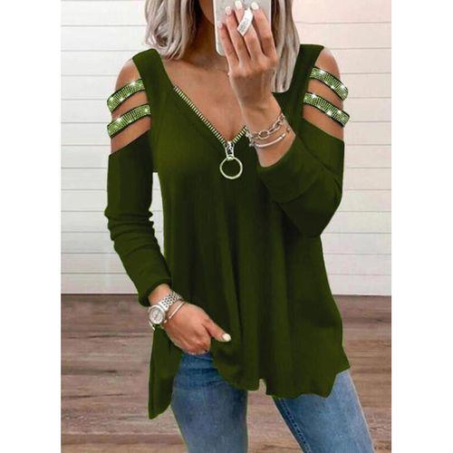 Kadın Haki Kolları Taş Işlemeli Uzun Kol Fermuarlı Viskon Bluz