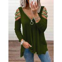 Kadın Haki Kolları Taş Işlemeli Uzun Kol Fermuarlı Viskon Bluz