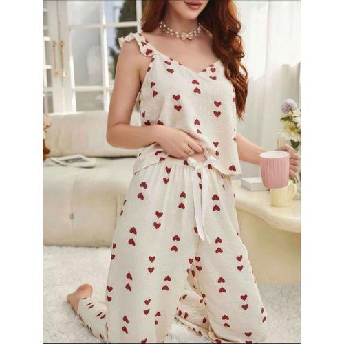 Kadın Ekru Kırmızı Kalp Desenli Uzun Pijama Takımı Yumuşak Pamuklu Rahat Ev Giyimi Özel Tasarım