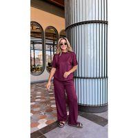 Kadın Kısa Kollu Bisiklet Yaka Omuzdan Düğmeli Viskon Iki Iplik Kısa Bluz Ve Pantolon Ikili Takım