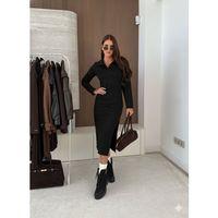 Kadın Uzun Kollu Yakalı Yandan Yırtmaçlı Midi Modal Elbise