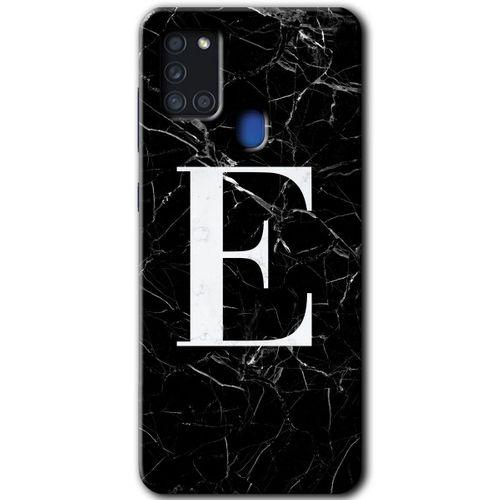 Potkal Hediye Fabrikası Samsung Galaxy A21s Kılıf HD Desen Baskılı Arka Kapak - Siyah Mermer Desenli E Harfi