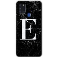 Potkal Hediye Fabrikası Samsung Galaxy A21s Kılıf HD Desen Baskılı Arka Kapak - Siyah Mermer Desenli E Harfi