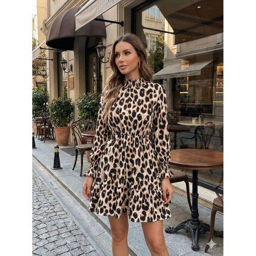 Kadın Uzun Kollu Yarı Balıkçı Yaka Leopar Desenli Modal Mini Elbise