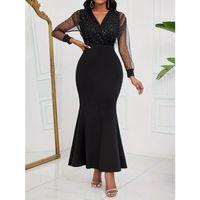 Kadın Uzun Kollu Kruvaze Yakalı Taş Ve Tül Detaylı Uzun Ithal Krep Elbise