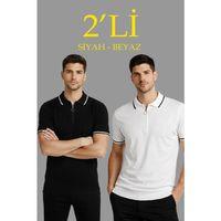 Erkek 2’li Paket Dokuma Triko  Fermuarlı Yakalı Fitilli Kısa Kollu Regular Fit Tişört - Beyaz - Siyah