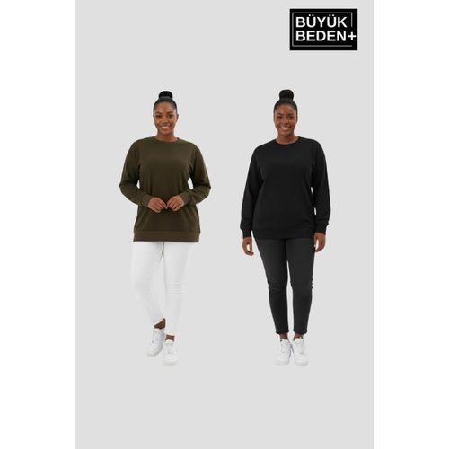 Kadın Büyük Beden Bisiklet Yaka 2’li Set-Rahat Kalıp İnce Sweatshirt SPR26BSWK956+2