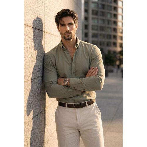 Likralı Regular Fit Nefes Alabilir Klasik Erkek Oxford Gömlek - Haki