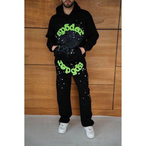 Erkek Kapüşonlu Eşofman Takım Örümcek Ağı Ve Neon Yeşil Baskılı Kanguru Cepli Oversize Rahat Kalıp, Premium Üç İplik Kumaş - Siyah