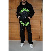 Erkek Kapüşonlu Eşofman Takım Örümcek Ağı Ve Neon Yeşil Baskılı Kanguru Cepli Oversize Rahat Kalıp, Premium Üç İplik Kumaş - Siyah