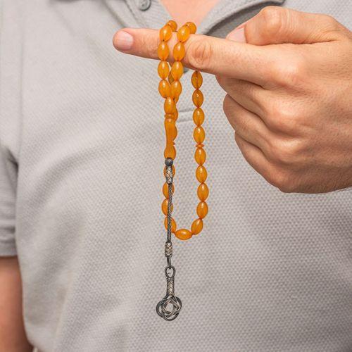 Gümüş Turuncu Kazaz Püsküllü Sıkma Kehribar Tesbih