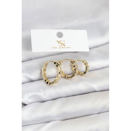 Pirinç Gold Renk Zirkon Taşlı Petek Halka Model YSX Trio Küpe Seti