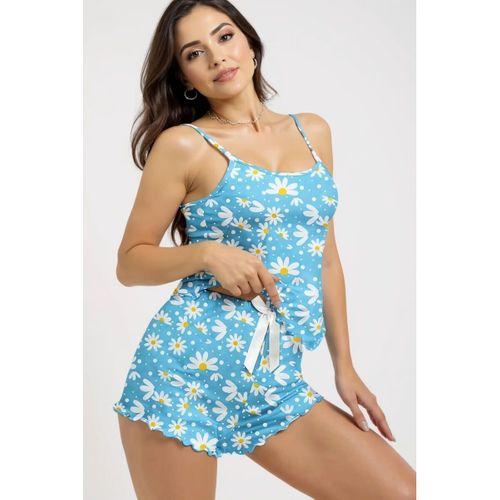 Papatya Baskılı Mavi Askılı Şortlu Pijama Takımı