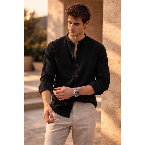 Hafif ve Nefes Alabilir Erkek Müslin Yarım Pat Hakim Yaka Oversize Gömlek - Siyah