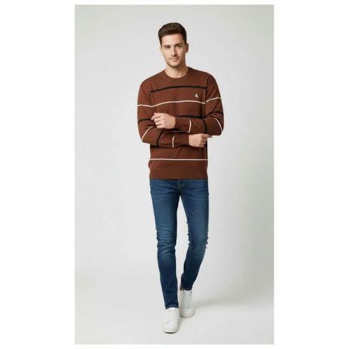 Erkek Bisiklet Yaka Cizgili Triko Kazak Yumuşak Dokulu Pamuklu Ince Dokuma, Uzun Kollu Rahat Regular Kalıp - Kahverengi