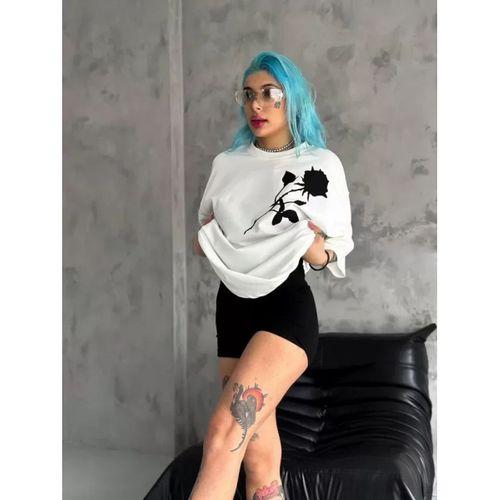 Pilelistore Unisex Bisiklet Yaka Baskılı Oversize T-Shirt - Beyaz