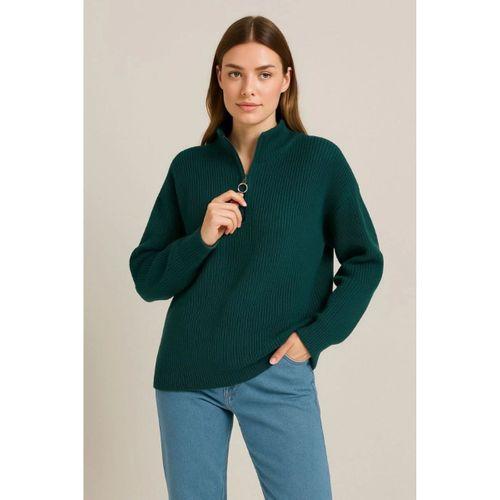 KADIN Yarım Fermuarlı Triko Kazak – Selanik Örgü, Dik Yaka, Pamuklu Dokuma, Oversize Uzun Kollu Kışlık Model - Haki