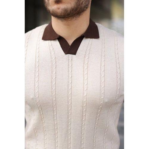 Erkek Örgü Desen Yakalı Kısa Kollu Triko Tişört - %100 Pamuk Akrilik