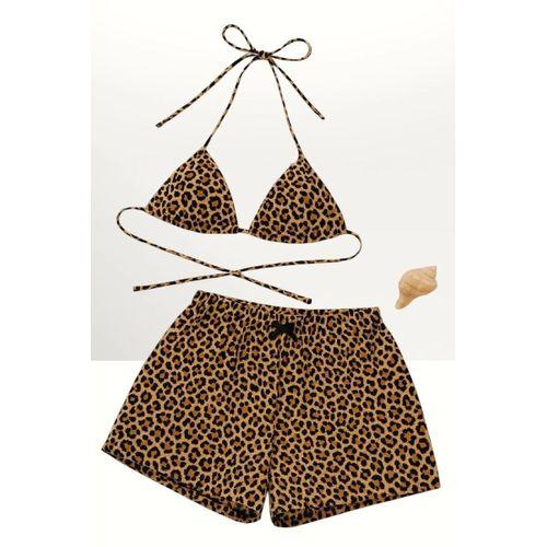 Leopar Desenli Şortlu Bağlamalı Bikini Takımı Üçgen Kesim Ayarlanabilir Esnek Kumaş Kadın Mayo Seti